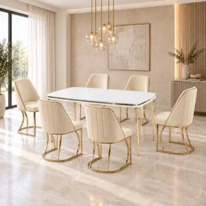 Set Masa cu 6 Scaune Lux Bej Bucatarie, Reina Homs 80 x 140 cm, Alb/Auriu