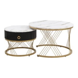 Set de 2 Măsuțe de Cafea Moderne Modulare din Marmură Sintetică cu Detalii Aurii și Sertare, Dimensiuni 70x70x45 cm și 50x50x40 cm, Alb