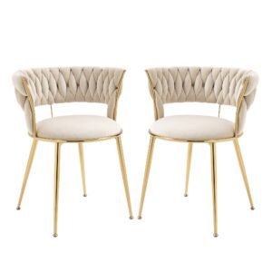 Set de 2 scaune de dining din catifea moale, stil modern cu spătar împletit și brațe, Alb