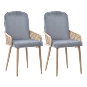 Set de 2 scaune moderne tapițate în ratan și material cu efect de catifea, Gri