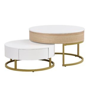 Set de Măsuțe de Cafea Suprapozabile Reglabile pe Înălțime cu Două Sertare, Design Elegant din MDF, 70x70x42/56,5 + 60x60x24 cm, Alb