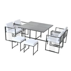 Set de grădină 7 piese pentru 6 persoane, masă din sticlă securizată, 4 scaune împletite și 2 taburete pentru picioare, Negru+Alb
