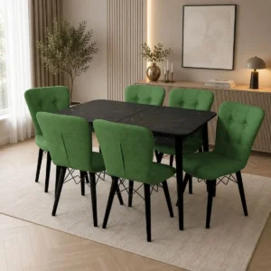 Set masa extensibila cu 6 scaune tapitate Homs cristal  negru-verde 170 x 80 cm
