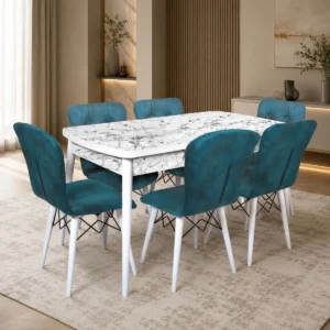Set masa extensibila cu 6 scaune tapitate Homs marmorat alb  250-30650 - turcoaz 170 x 80 cm