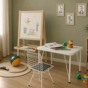Set masuta + 1 scaun 64×48×50 cm – PAL alb/natur – Baby
