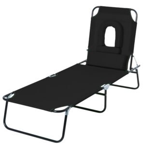 Sezlong Pliabil Outsunny cu Orificiu pentru Fata si Perne, pentru Gradina, Plaja si Camping, Negru | Aosom Romania