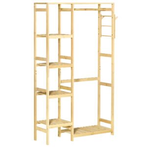 Suport de Haine de Podea din Lemn de Bambus, Suport pentru Haine cu Rafturi Laterale pentru Hol si Dormitor, 90x30x155cm HOMCOM | Aosom Romania