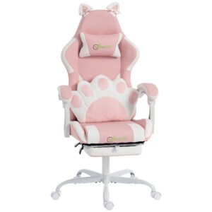Vinsetto Scaun Gaming Ergonomic cu Urechi de Pisică, Fotoliu Gaming Birou Reclinabil din Piele Eco cu Suport pentru Picioare, Tetieră și Înălțime Reglabilă, Suport Lombar și Cervical, Roz | Aosom Romania
