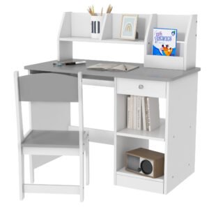 ZONEKIZ Birou pentru copii cu scaun ergonomic, cu tavă culisantă pentru tastatură, nișe și rafturi deschise 90 x 45 x 90 cm gri | Aosom Romania