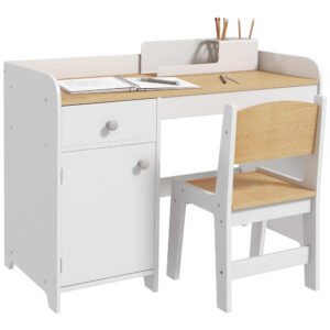 ZONEKIZ Birou pentru copii cu scaun, masă pentru copii cu sertar, dulap și blat generos, pentru 3-6 ani, 80 x 39 x 59 cm, alb | Aosom Romania
