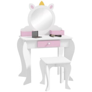 ZONEKIZ Set de Toaletă pentru Fete cu Taburet și Oglindă, Design Unicorn | Aosom Romania