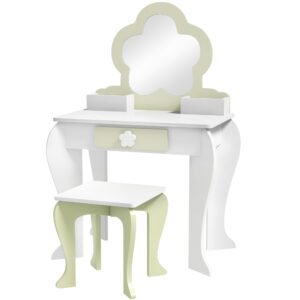 ZONEKIZ Set de toaletă pentru copii cu oglindă de machiaj și scaunel asortat din lemn, sertar și recipiente, alb | Aosom Romania