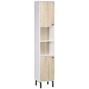 kleankin Coloană de Baie cu 6 Compartimente pentru Duș Toaletă Dormitor Stil Modern 31,5x30x169 cm Alb și Lemn de Stejar | Aosom Romania