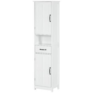 kleankin Dulap Modern pentru Baie, Mobilier Îngust cu Raft Deschis, Sertar, Uși Încastrate și Rafturi Ajustabile Alb | Aosom Romania