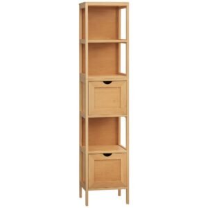 kleankin Dulap de depozitare coloană pentru baie din bambus 2 sertare detașabile și 3 rafturi 30 x 30 x 140 cm natural | Aosom Romania